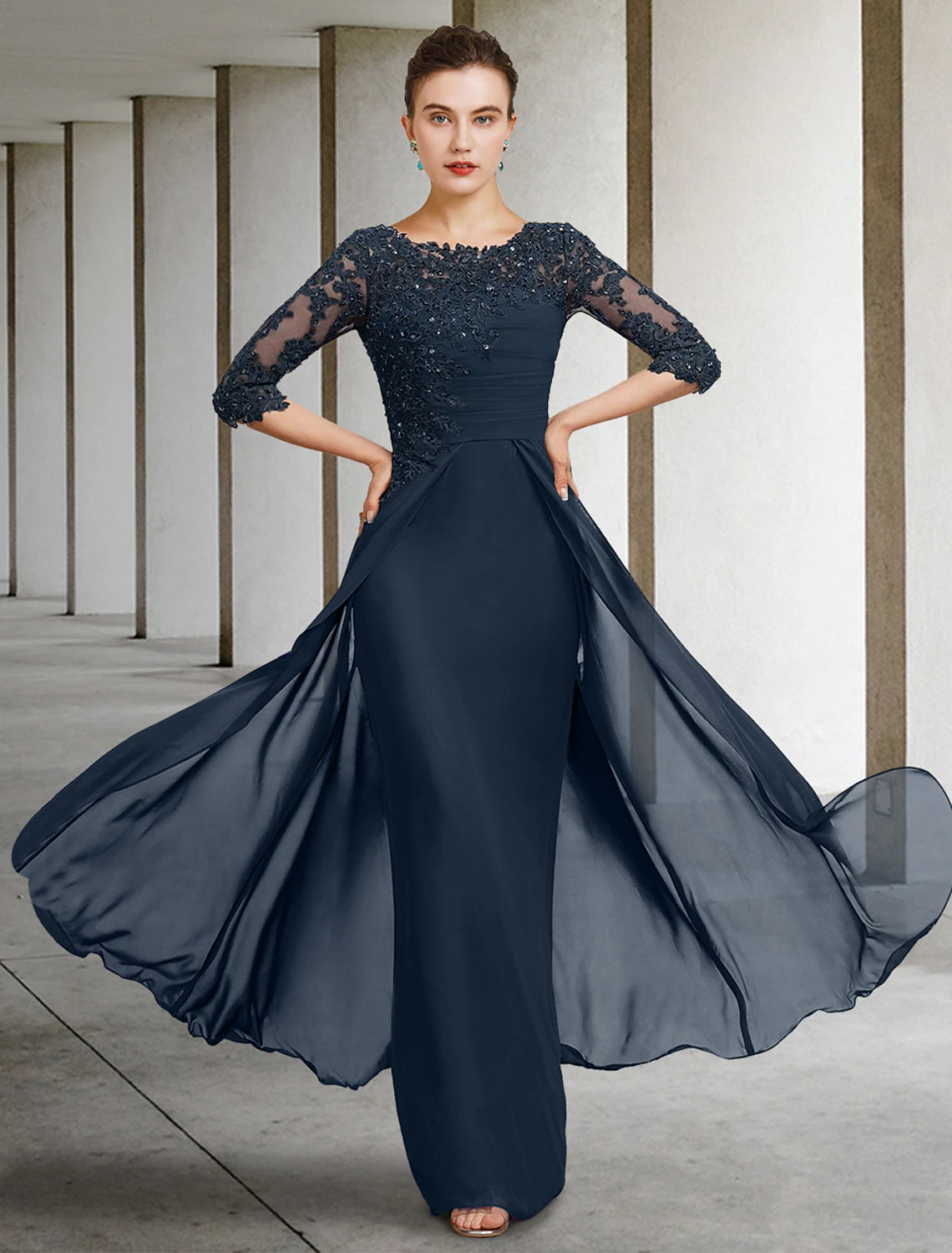 Wholesale Sheath / Column Mother of the Bride Dress Wedding Guest Elegant Jewel Neck Floor Length Chiffon Lace Half Sleeve with Sequin Ruching Solid Color